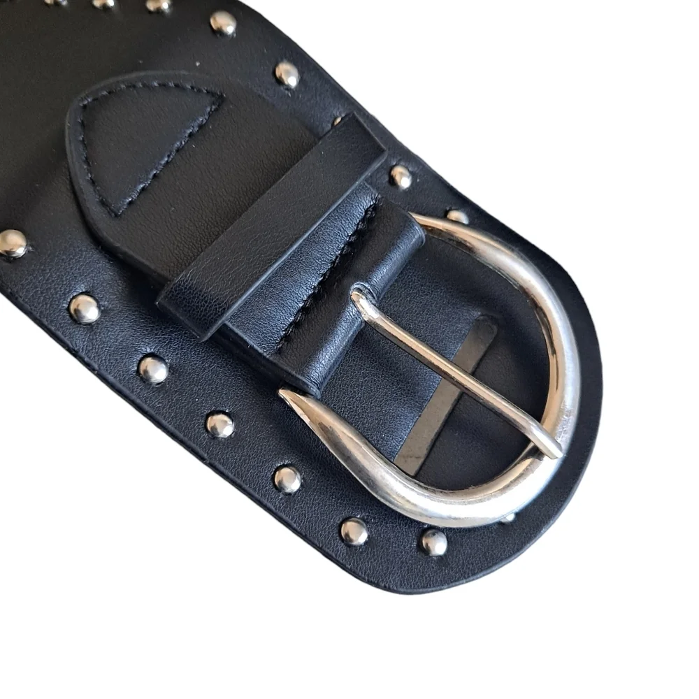 Black Faux Leather Grommet Chunky Belt Studded Silver Buckle Emo Punk Y2K
